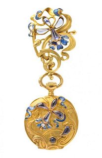 * An Art Nouveau Gold, Iolite, Diamond and Polychrome Enamel Lapel Watch, Patek Philippe, 17.70 dwts.