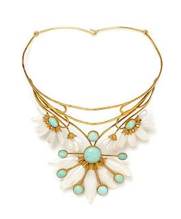 * An Arts and Crafts Yellow Gold, Turquoise and Freshwater Pearl Collar Necklace, 38.40 dwts.