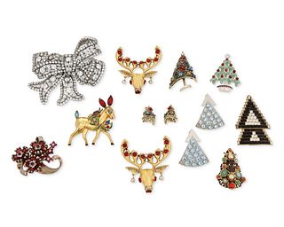 A group of vintage holiday costume jewelry