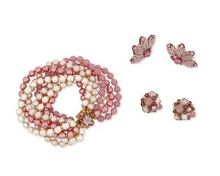 A group of pink Miriam Haskell style jewelry