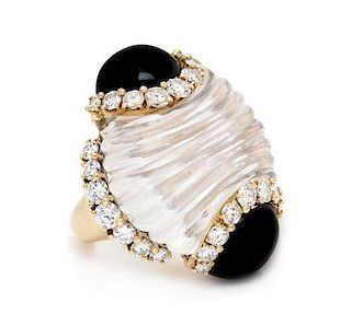 An 18 Karat Yellow Gold, Diamond, Rock Crystal and Onyx Ring, French, 17.30 dwts.