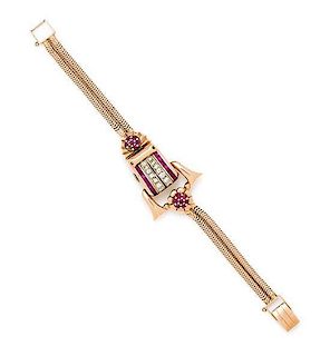 A Retro Rose Gold, Diamond and Ruby Surprise Wristwatch, Kingston, 22.00 dwts.