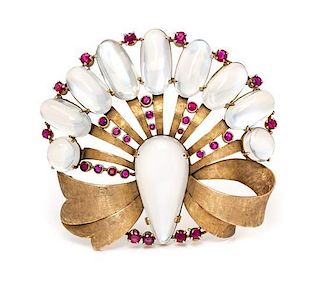 * A Retro Yellow Gold, Moonstone and Ruby Brooch, 32.60 dwts.