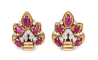 * A Pair of Retro Platinum Topped Gold, Ruby and Diamond Earclips, 10.15 dwts.