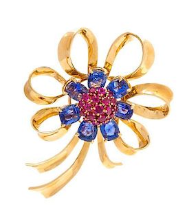 A Retro Yellow Gold, Sapphire and Ruby Brooch, 19.80 dwts.