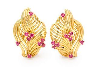 A Pair of 18 Karat Yellow Gold and Ruby Earclips, Tiffany & Co., 10.60 dwts.