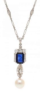 A Platinum, Diamond, Sapphire and Cultured Pearl Pendant, 6.10 dwts.