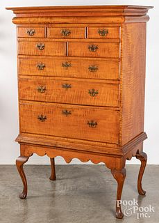 Pennsylvania Queen Anne tiger maple chest on frame