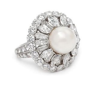 A Fine Platinum, Cultured Pearl and Diamond Ring, 11.00 dwts.