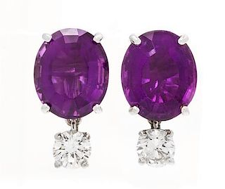 * A Pair of White Gold, Amethyst and Diamond Earrings, 4.50 dwts.