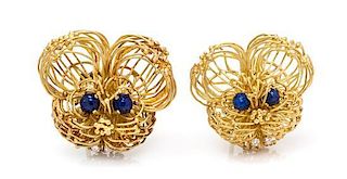 A Pair of 18 Karat Yellow Gold, Lapis Lazuli and Diamond Mouse Brooches, 18.15 dwts.