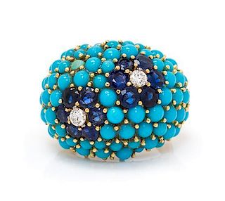 A Yellow Gold, Sapphire, Diamond and Simulated Turquoise Ring, 9.20 dwts.