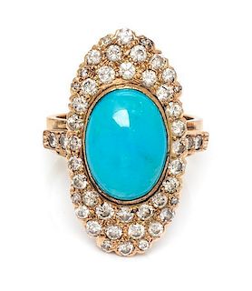A Yellow Gold, Diamond and Turquoise Ring, 6.00 dwts.