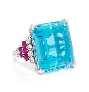 A Platinum, Aquamarine, Diamond and Ruby Ring, Tiffany & Co., 12.50 dwts.