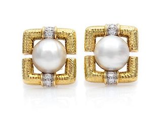 A Pair of 18 Karat Yellow Gold, Platinum, Mabe Pearl and Diamond Earclips, David Webb, 27.70 dwts.