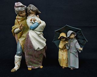 (2) Lladro Gres Figures, Facing the Wind, Under the Rain.