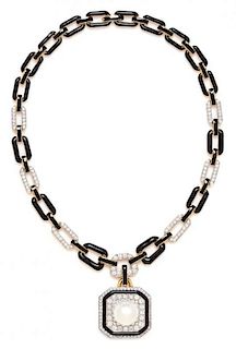 An 18 Karat Yellow Gold, Platinum, Cultured South Sea Pearl and Enamel Necklace, David Webb, 59.80 dwts.
