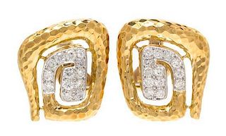 A Pair of 18 Karat Yellow Gold, Platinum and Diamond Earclips, David Webb, 26.50 dwts.