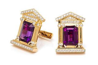 * A Pair of Yellow Gold, Amethyst and Diamond Cufflinks, Marshall, 23.40 dwts.