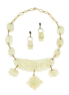 * A Yellow Gold and Carved Jadeite Demi Parure, 97.20 dwts.