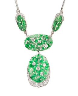 An Art Deco Platinum, White Gold, Jade and Diamond Convertible Necklace, 25.90 dwts.