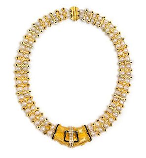 * A High Karat Gold, Diamond, Sapphire and Cultured Pearl Necklace, Hilat, Circa 1991, 86.35 dwts.