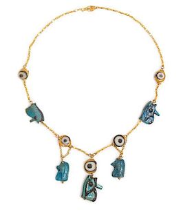 * A Possibly Ancient Yellow Gold, Faience Bead and Glass Bead "Eye of Horuse" Motif Necklace, 9.80 dwts.