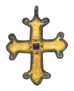 * A Bronze Cross with Gold Inlay and Blue Glass Accent, 64.90 dwts.