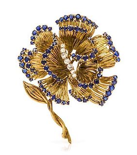 An 18 Karat Yellow Gold, Sapphire and Diamond Flower Motif Brooch, 24.70 dwts.