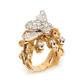 An 18 Karat Bicolor Gold, Diamond and Ruby Bee Ring, Herbert Rosenthal, 10.20 dwts.