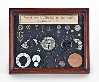 A jewelers Waltham Riverside watch parts display
