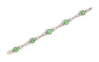 * A Platinum, Green Tourmaline and Diamond Bracelet, 16.00 dwts.