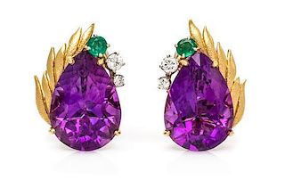 A Pair of Yellow Gold, Amethyst, Emerald and Diamond Earclips, 13.70 dwts.