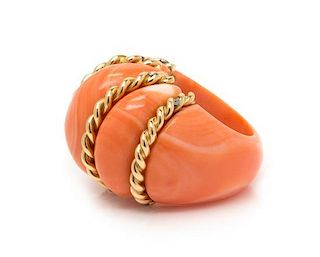 A Yellow Gold and Coral Bombe Ring, 15.90 dwts.