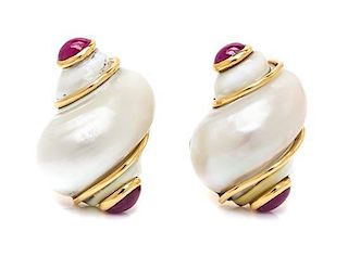 A Pair of 18 Karat Yellow Gold, Shell and Ruby Earclips, Seaman Schepps, 15.80 dwts.