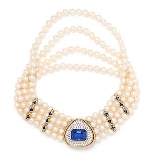 An 18 Karat Bicolor Gold, Ceylon Sapphire, Diamond and Cultured Pearl Necklace, French, 94.60 dwts.