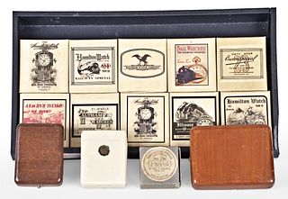 A lot of pocket watch boxes including a celluloid Hamilton