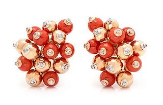 A Pair of 18 Karat Bicolor Gold, Coral and Diamond Earclips, 22.00 dwts.