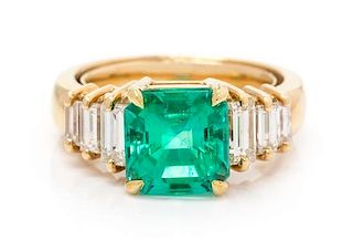 An 18 Karat Yellow Gold, Emerald and Diamond Ring, 6.70 dwts.