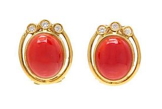 A Pair of 18 Karat Yellow Gold, Coral and Diamond Earclips, 6.50 dwts.
