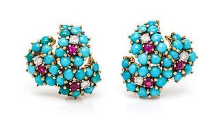 A Pair of Yellow Gold, Turquoise, Diamond and Ruby Earclips, 9.90 dwts.
