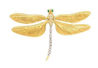 * An 18 Karat Yellow Gold, Platinum, Diamond and Emerald Dragonfly Brooch, 23.20 dwts.