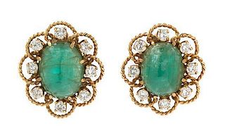 * A Pair of Yellow Gold, Emerald and Diamond Earclips, 10.00 dwts.