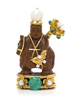 A Yellow Gold, Wood, Emerald and Cultured Pearl "Chess Piece" Brooch, Seaman Schepps, 21.40 dwts.
