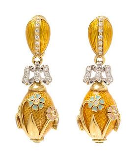 * A Pair of 18 Karat Yellow Gold, Polychrome Enamel and Diamond Earclips, 15.20 dwts.