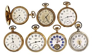 A lot of seven American pocket watches including two Ball Waltham