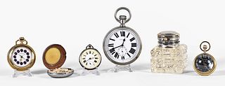A lot of five pocket watches and desk clocks