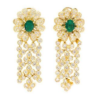 * A Pair of 18 Karat Yellow Gold, Diamond and Emerald Floral Motif Earclips, 28.40 dwts.