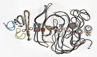 A lot of southwest silver turquoise and coral bolo ties jewelry and beads