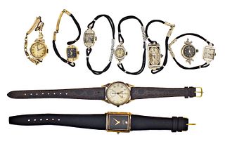 A lot of ten wrist watches including six in 14 karat gold and a Bulova 10AH chronograph